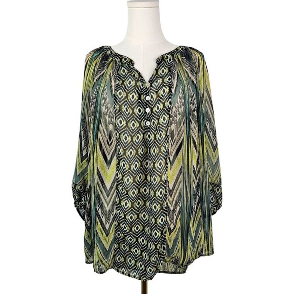 Figueroa & Flower 3X Sheer Green Boho Tunic Blouse 3/4 Sleeve Peacock Print - Picture 1 of 9